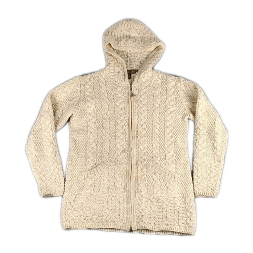 Inis Crafts 100% Merino Wool Full Zip Chunky Knit Hooded Cardigan Size M Cream